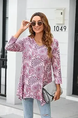 ENMAIN Women's Tops 3/4 Sleeve Dressy Casual Plus Size Tunic Tops to Wear with Leggings Swing Flare T-Shirt Loose Fit Blouses - 4