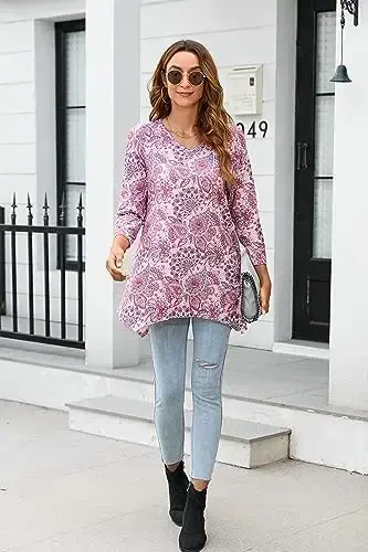 ENMAIN Women's Tops 3/4 Sleeve Dressy Casual Plus Size Tunic Tops to Wear with Leggings Swing Flare T-Shirt Loose Fit Blouses - 5