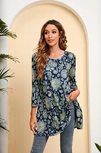 ENMAIN Women's Tops 3/4 Sleeve Dressy Casual Plus Size Tunic Tops to Wear with Leggings Swing Flare T-Shirt Loose Fit Blouses - 3