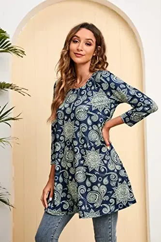 ENMAIN Women's Tops 3/4 Sleeve Dressy Casual Plus Size Tunic Tops to Wear with Leggings Swing Flare T-Shirt Loose Fit Blouses - 4