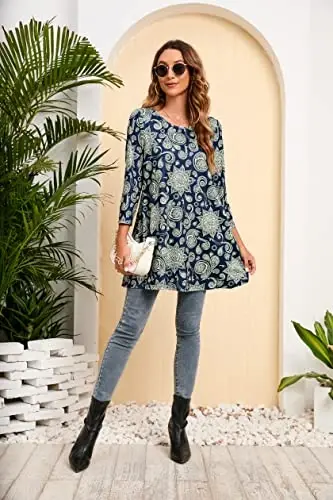 ENMAIN Women's Tops 3/4 Sleeve Dressy Casual Plus Size Tunic Tops to Wear with Leggings Swing Flare T-Shirt Loose Fit Blouses - 5