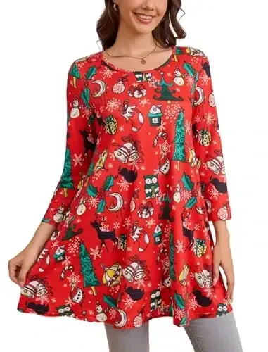 ENMAIN Women's Tops 3/4 Sleeve Dressy Casual Plus Size Tunic Tops to Wear with Leggings Swing Flare T-Shirt Loose Fit Blouses 