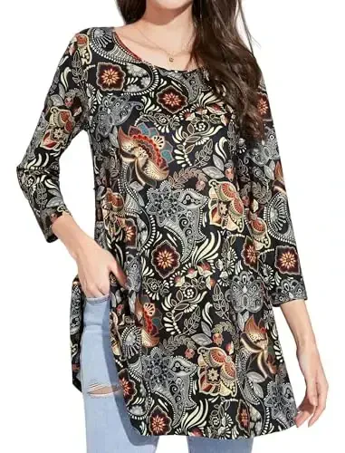 ENMAIN Women's Tops 3/4 Sleeve Dressy Casual Plus Size Tunic Tops to Wear with Leggings Swing Flare T-Shirt Loose Fit Blouses - MODAZONE