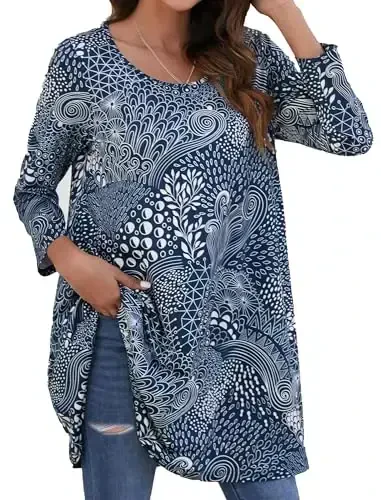 ENMAIN Women's Tops 3/4 Sleeve Dressy Casual Plus Size Tunic Tops to Wear with Leggings Swing Flare T-Shirt Loose Fit Blouses - 1