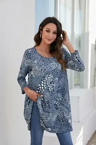 ENMAIN Women's Tops 3/4 Sleeve Dressy Casual Plus Size Tunic Tops to Wear with Leggings Swing Flare T-Shirt Loose Fit Blouses - 2