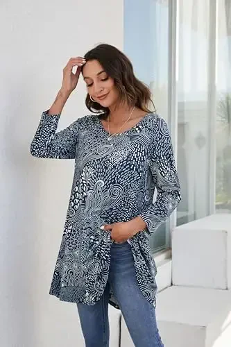 ENMAIN Women's Tops 3/4 Sleeve Dressy Casual Plus Size Tunic Tops to Wear with Leggings Swing Flare T-Shirt Loose Fit Blouses - 5