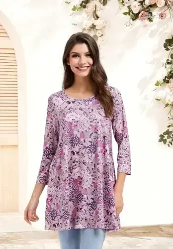 ENMAIN Women's Tops 3/4 Sleeve Dressy Casual Plus Size Tunic Tops to Wear with Leggings Swing Flare T-Shirt Loose Fit Blouses - 3