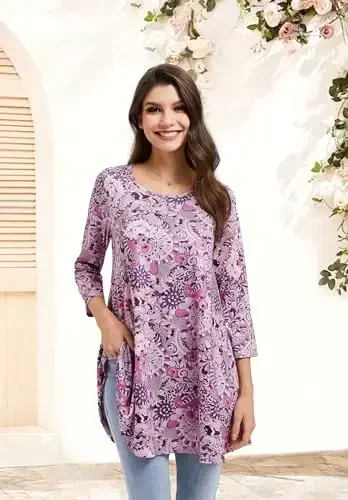 ENMAIN Women's Tops 3/4 Sleeve Dressy Casual Plus Size Tunic Tops to Wear with Leggings Swing Flare T-Shirt Loose Fit Blouses - 4