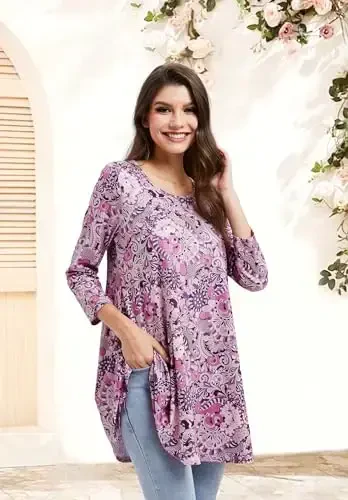 ENMAIN Women's Tops 3/4 Sleeve Dressy Casual Plus Size Tunic Tops to Wear with Leggings Swing Flare T-Shirt Loose Fit Blouses - 5