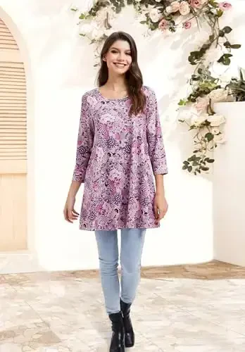 ENMAIN Women's Tops 3/4 Sleeve Dressy Casual Plus Size Tunic Tops to Wear with Leggings Swing Flare T-Shirt Loose Fit Blouses - 6