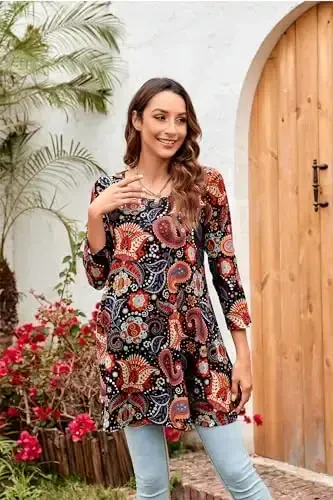 ENMAIN Women's Tops 3/4 Sleeve Dressy Casual Plus Size Tunic Tops to Wear with Leggings Swing Flare T-Shirt Loose Fit Blouses - 2