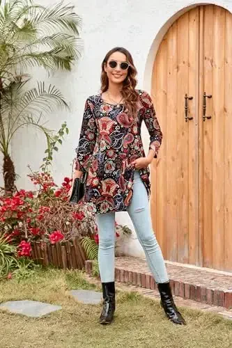 ENMAIN Women's Tops 3/4 Sleeve Dressy Casual Plus Size Tunic Tops to Wear with Leggings Swing Flare T-Shirt Loose Fit Blouses - 5