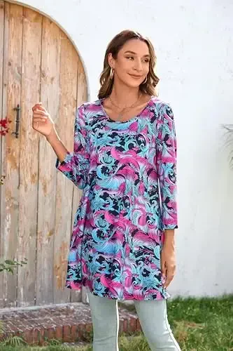 ENMAIN Women's Tops 3/4 Sleeve Dressy Casual Plus Size Tunic Tops to Wear with Leggings Swing Flare T-Shirt Loose Fit Blouses - MODAZONE (1)