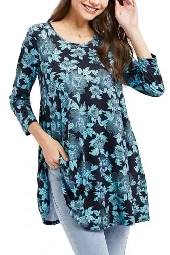 ENMAIN Women's Tops 3/4 Sleeve Dressy Casual Plus Size Tunic Tops to Wear with Leggings Swing Flare T-Shirt Loose Fit Blouses - MODAZONE