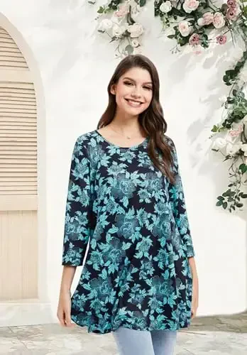 ENMAIN Women's Tops 3/4 Sleeve Dressy Casual Plus Size Tunic Tops to Wear with Leggings Swing Flare T-Shirt Loose Fit Blouses - 4