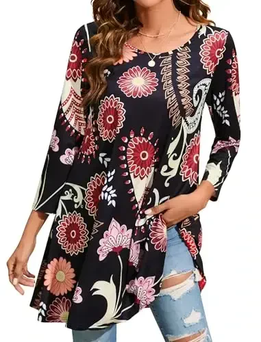 ENMAIN Women's Tops 3/4 Sleeve Dressy Casual Plus Size Tunic Tops to Wear with Leggings Swing Flare T-Shirt Loose Fit Blouses - MODAZONE