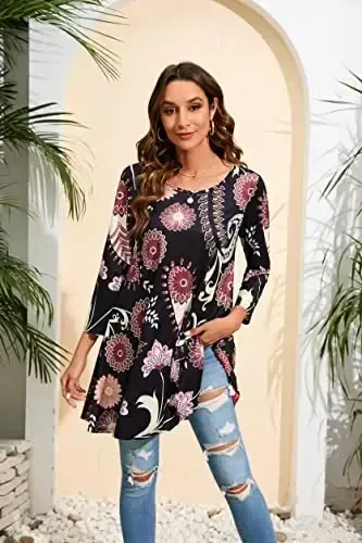 ENMAIN Women's Tops 3/4 Sleeve Dressy Casual Plus Size Tunic Tops to Wear with Leggings Swing Flare T-Shirt Loose Fit Blouses - 2