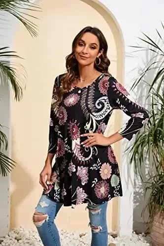 ENMAIN Women's Tops 3/4 Sleeve Dressy Casual Plus Size Tunic Tops to Wear with Leggings Swing Flare T-Shirt Loose Fit Blouses - 3