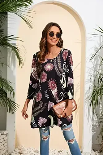 ENMAIN Women's Tops 3/4 Sleeve Dressy Casual Plus Size Tunic Tops to Wear with Leggings Swing Flare T-Shirt Loose Fit Blouses - 4