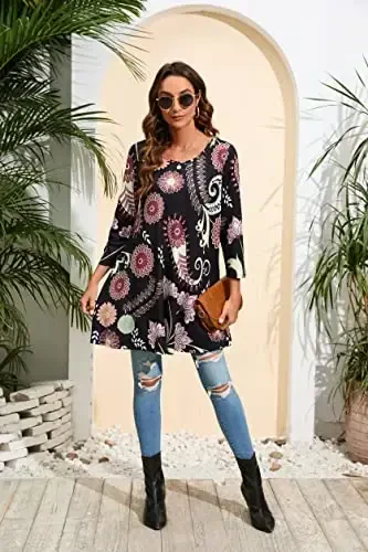 ENMAIN Women's Tops 3/4 Sleeve Dressy Casual Plus Size Tunic Tops to Wear with Leggings Swing Flare T-Shirt Loose Fit Blouses - 5