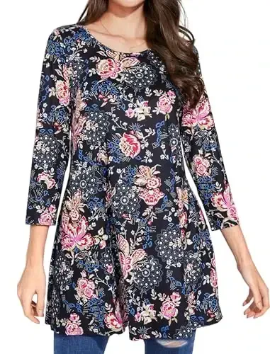 ENMAIN Women's Tops 3/4 Sleeve Dressy Casual Plus Size Tunic Tops to Wear with Leggings Swing Flare T-Shirt Loose Fit Blouses - 1