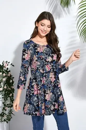 ENMAIN Women's Tops 3/4 Sleeve Dressy Casual Plus Size Tunic Tops to Wear with Leggings Swing Flare T-Shirt Loose Fit Blouses - 2