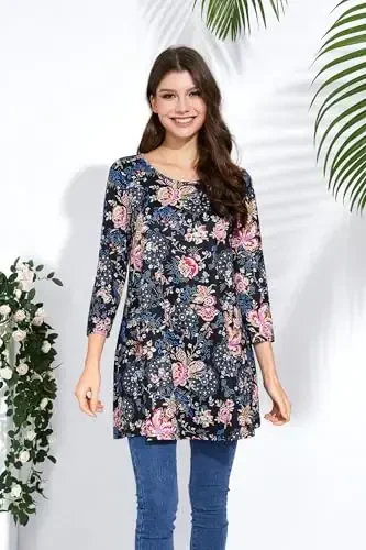 ENMAIN Women's Tops 3/4 Sleeve Dressy Casual Plus Size Tunic Tops to Wear with Leggings Swing Flare T-Shirt Loose Fit Blouses - 4