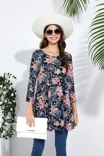 ENMAIN Women's Tops 3/4 Sleeve Dressy Casual Plus Size Tunic Tops to Wear with Leggings Swing Flare T-Shirt Loose Fit Blouses - 5