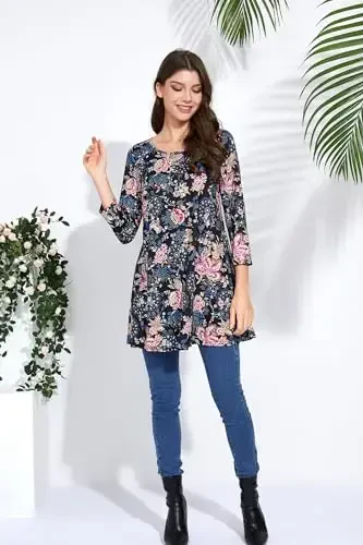 ENMAIN Women's Tops 3/4 Sleeve Dressy Casual Plus Size Tunic Tops to Wear with Leggings Swing Flare T-Shirt Loose Fit Blouses - 6