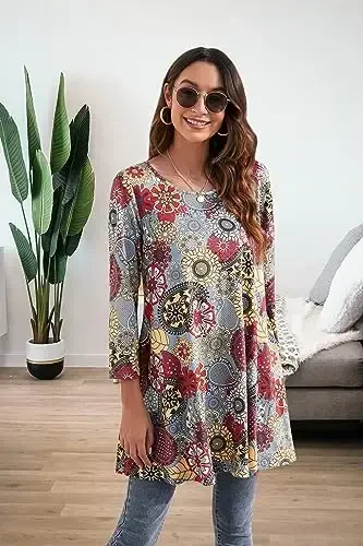 ENMAIN Women's Tops 3/4 Sleeve Dressy Casual Plus Size Tunic Tops to Wear with Leggings Swing Flare T-Shirt Loose Fit Blouses - 2