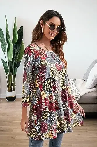 ENMAIN Women's Tops 3/4 Sleeve Dressy Casual Plus Size Tunic Tops to Wear with Leggings Swing Flare T-Shirt Loose Fit Blouses - 3