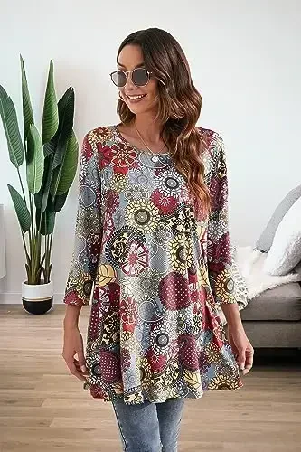 ENMAIN Women's Tops 3/4 Sleeve Dressy Casual Plus Size Tunic Tops to Wear with Leggings Swing Flare T-Shirt Loose Fit Blouses - 4