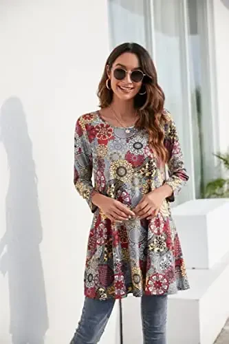 ENMAIN Women's Tops 3/4 Sleeve Dressy Casual Plus Size Tunic Tops to Wear with Leggings Swing Flare T-Shirt Loose Fit Blouses - 5