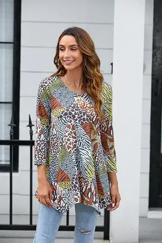 ENMAIN Women's Tops 3/4 Sleeve Dressy Casual Plus Size Tunic Tops to Wear with Leggings Swing Flare T-Shirt Loose Fit Blouses - 2