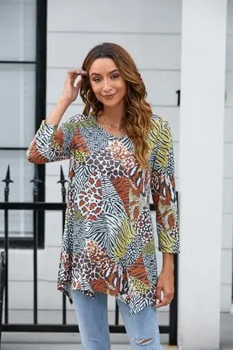 ENMAIN Women's Tops 3/4 Sleeve Dressy Casual Plus Size Tunic Tops to Wear with Leggings Swing Flare T-Shirt Loose Fit Blouses - 3