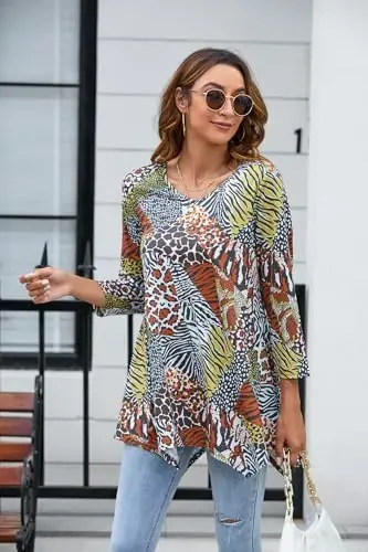 ENMAIN Women's Tops 3/4 Sleeve Dressy Casual Plus Size Tunic Tops to Wear with Leggings Swing Flare T-Shirt Loose Fit Blouses - 5