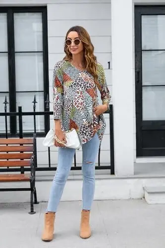 ENMAIN Women's Tops 3/4 Sleeve Dressy Casual Plus Size Tunic Tops to Wear with Leggings Swing Flare T-Shirt Loose Fit Blouses - 6