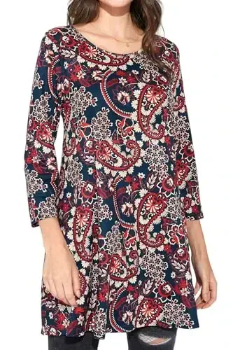 ENMAIN Women's Tops 3/4 Sleeve Dressy Casual Plus Size Tunic Tops to Wear with Leggings Swing Flare T-Shirt Loose Fit Blouses - MODAZONE