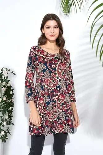 ENMAIN Women's Tops 3/4 Sleeve Dressy Casual Plus Size Tunic Tops to Wear with Leggings Swing Flare T-Shirt Loose Fit Blouses - 2