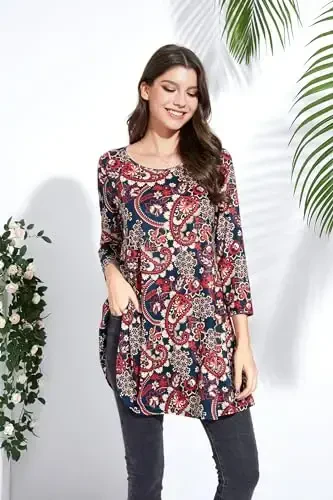 ENMAIN Women's Tops 3/4 Sleeve Dressy Casual Plus Size Tunic Tops to Wear with Leggings Swing Flare T-Shirt Loose Fit Blouses - 3