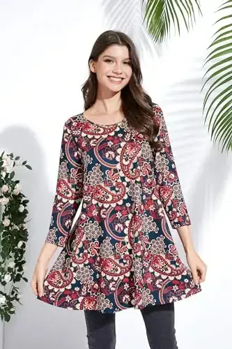 ENMAIN Women's Tops 3/4 Sleeve Dressy Casual Plus Size Tunic Tops to Wear with Leggings Swing Flare T-Shirt Loose Fit Blouses - 4