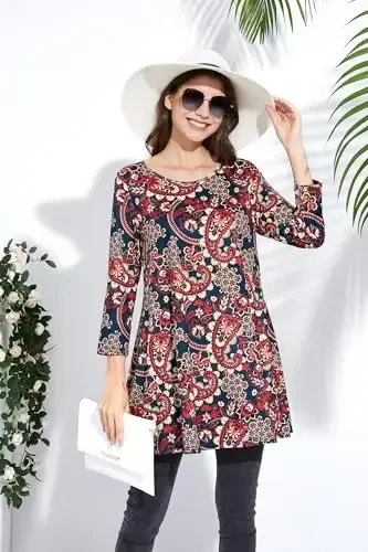ENMAIN Women's Tops 3/4 Sleeve Dressy Casual Plus Size Tunic Tops to Wear with Leggings Swing Flare T-Shirt Loose Fit Blouses - 6