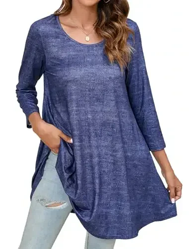 ENMAIN Women's Tops 3/4 Sleeve Dressy Casual Plus Size Tunic Tops to Wear with Leggings Swing Flare T-Shirt Loose Fit Blouses 