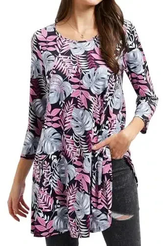 ENMAIN Women's Tops 3/4 Sleeve Dressy Casual Plus Size Tunic Tops to Wear with Leggings Swing Flare T-Shirt Loose Fit Blouses - MODAZONE