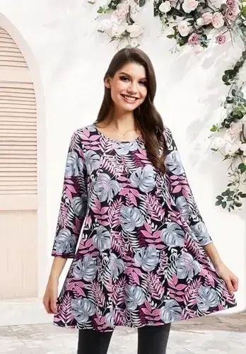 ENMAIN Women's Tops 3/4 Sleeve Dressy Casual Plus Size Tunic Tops to Wear with Leggings Swing Flare T-Shirt Loose Fit Blouses - 4