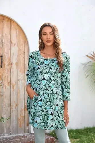 ENMAIN Womens Tops 3/4 Sleeve Plus Size Tunics to Wear with Leggings Dressy Casual Loose Blouses Swing Flare T-Shirt S-5XL - 4