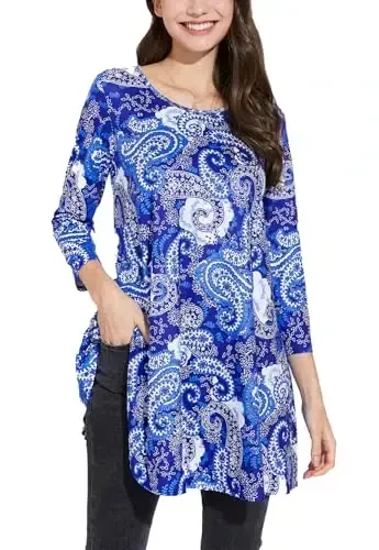 ENMAIN Womens Tops 3/4 Sleeve Plus Size Tunics to Wear with Leggings Dressy Casual Loose Blouses Swing Flare T-Shirt S-5XL - ENMAIN