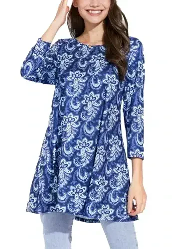 ENMAIN Womens Tops 3/4 Sleeve Plus Size Tunics to Wear with Leggings Dressy Casual Loose Blouses Swing Flare T-Shirt S-5XL - ENMAIN