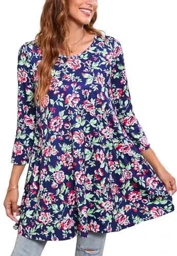 ENMAIN Womens Tops 3/4 Sleeve Plus Size Tunics to Wear with Leggings Dressy Casual Loose Blouses Swing Flare T-Shirt S-5XL 