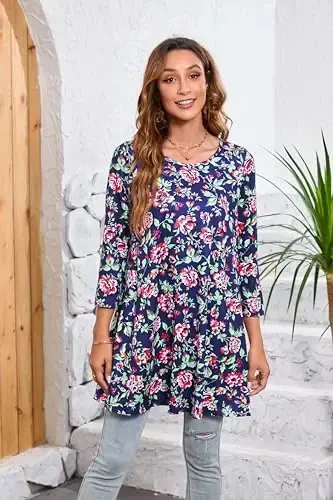 ENMAIN Womens Tops 3/4 Sleeve Plus Size Tunics to Wear with Leggings Dressy Casual Loose Blouses Swing Flare T-Shirt S-5XL - 3